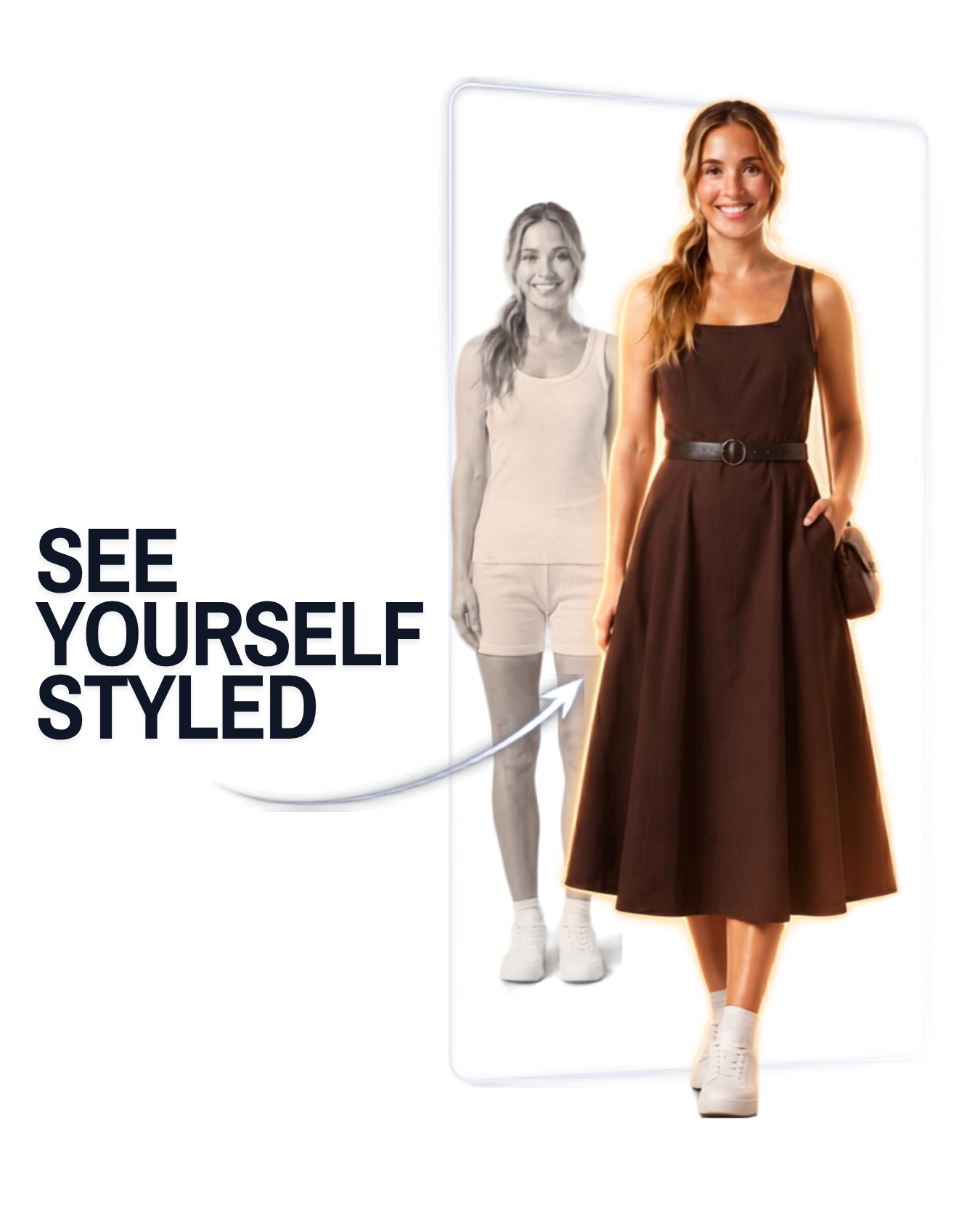 AI try-on result: shopper wearing the brown midi dress